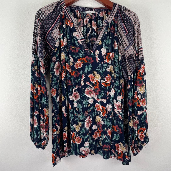 JODIFL Tops - Folk Boho Romantic Women 2X Floral Mixed Print V-Neck Bubble Sleeve Blouse Navy